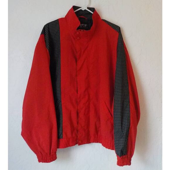Hilton Corp Men Large Wind Jacket Red Black Color Block Elastic Waist Pocket Zip - Picture 2 of 13